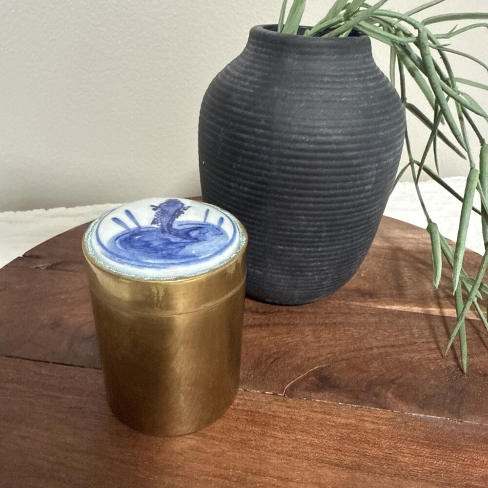 Brass Tea Caddy Jar Porcelain Lid Blue White Koi Fish 3” Vintage Canister